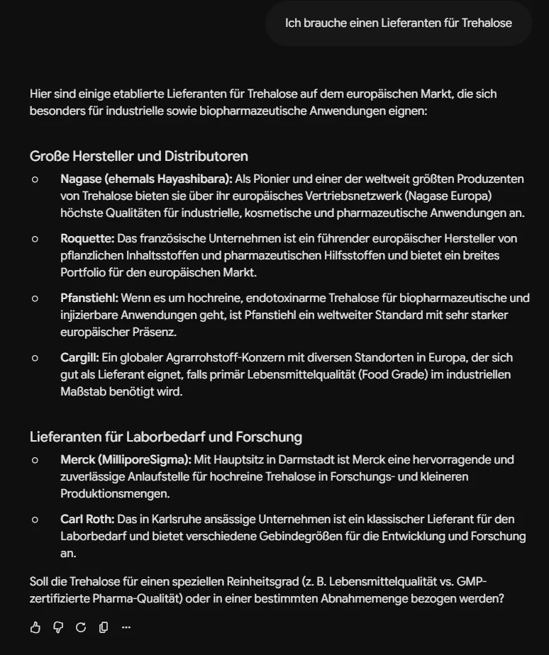 Antwort eines KI-Systems auf die Frage nach Lieferanten für Trehalose. Nagase wird als erster Anbieter genannt und als einer der weltweit größten Produzenten beschrieben.
