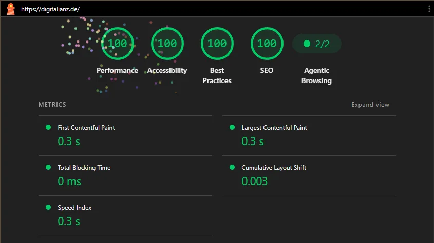 Lighthouse-Bericht für digitalianz.de: jeweils 100 Punkte in Performance, Barrierefreiheit, Best Practices und SEO, erster Inhalt nach 0,3 Sekunden.