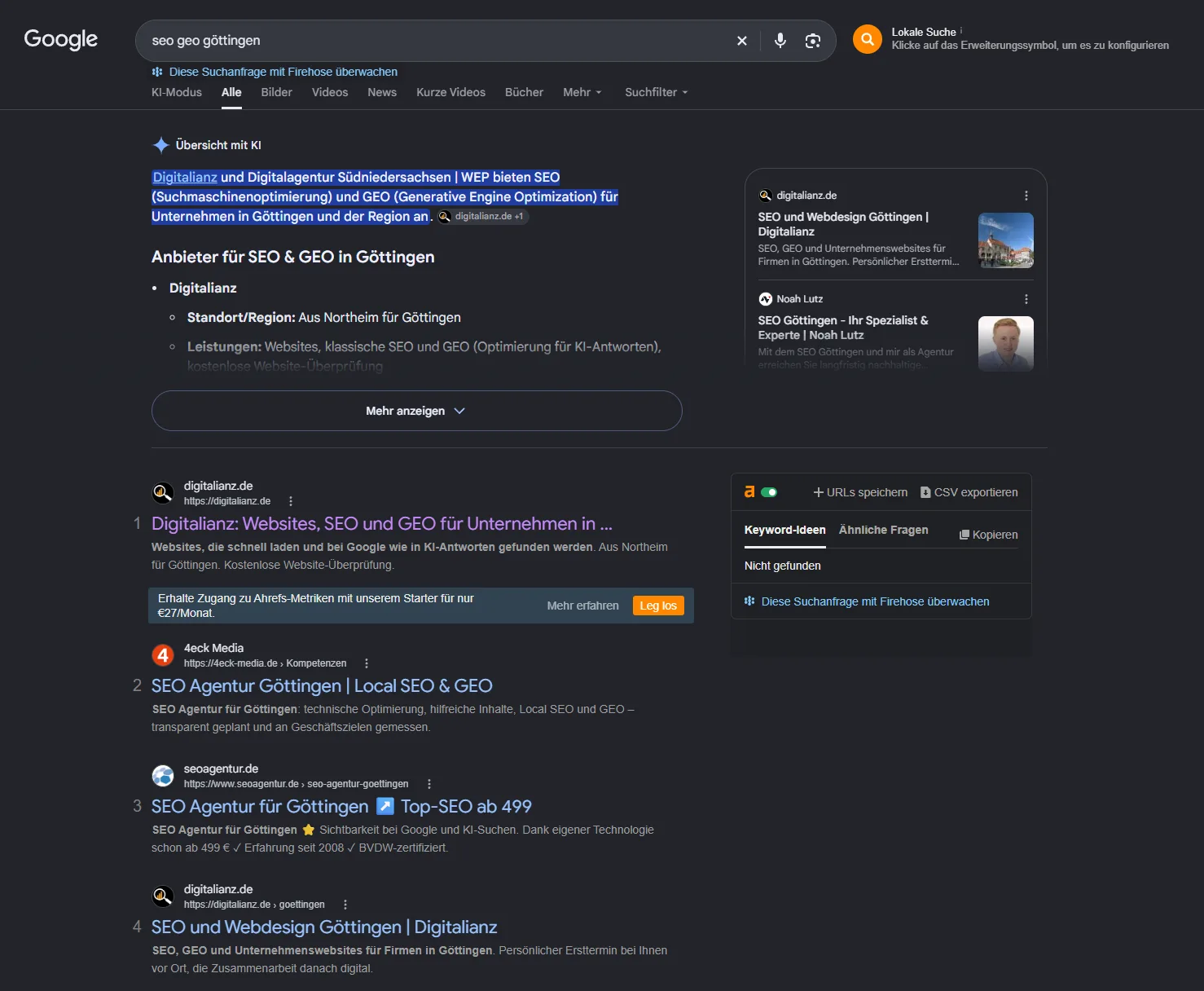 Google-Ergebnisseite zur Suche nach „seo geo göttingen“: Die KI-Übersicht nennt Digitalianz als Anbieter für SEO und GEO in Göttingen, und digitalianz.de steht als erstes Ergebnis darunter.