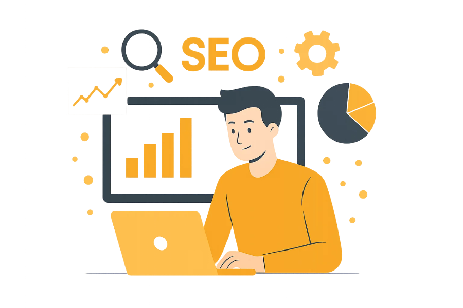 Illustration eines SEO-Experten am Laptop mit Diagrammen – Darstellung von SEO und KI-SEO Analyse zur Optimierung der Sichtbarkeit