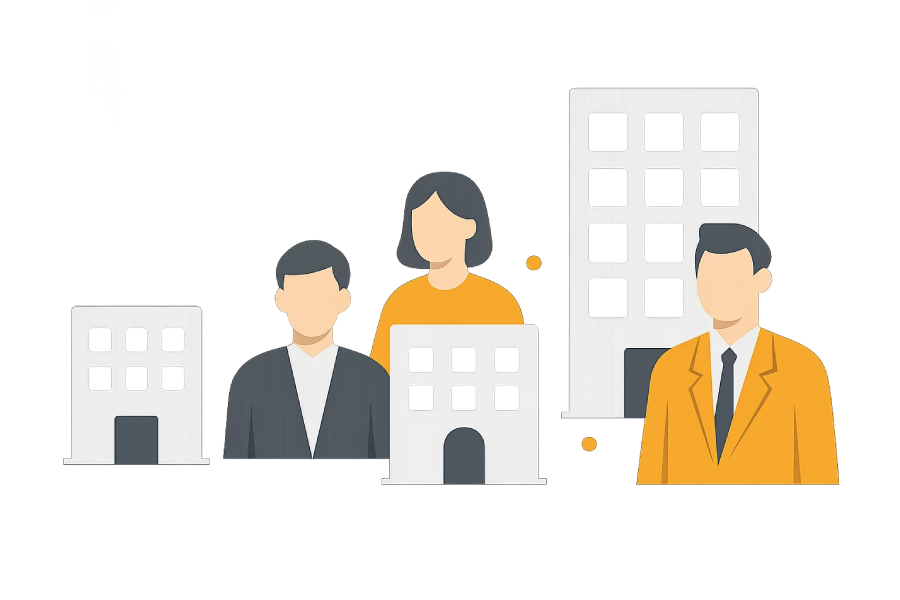 Illustration von Personen und verschiedenen Unternehmensgrößen als Symbol für individuell angepasste SEO-Strategien.